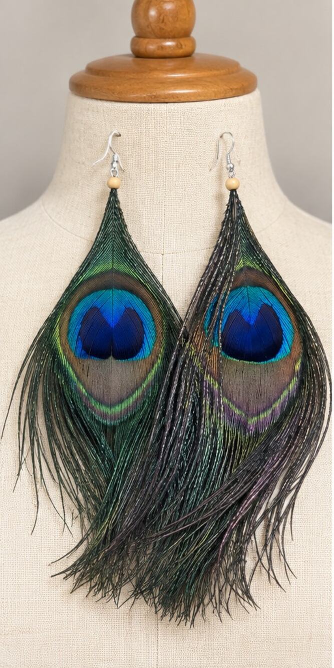 Natural Real Peacock Feather Earrings Long Boho Statement Dangle Earrings.